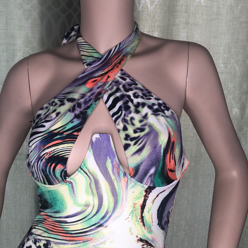 MULTI COLOR CROSSED FRONT CUT-OUT MINI DRESS - Picture 7 of 9